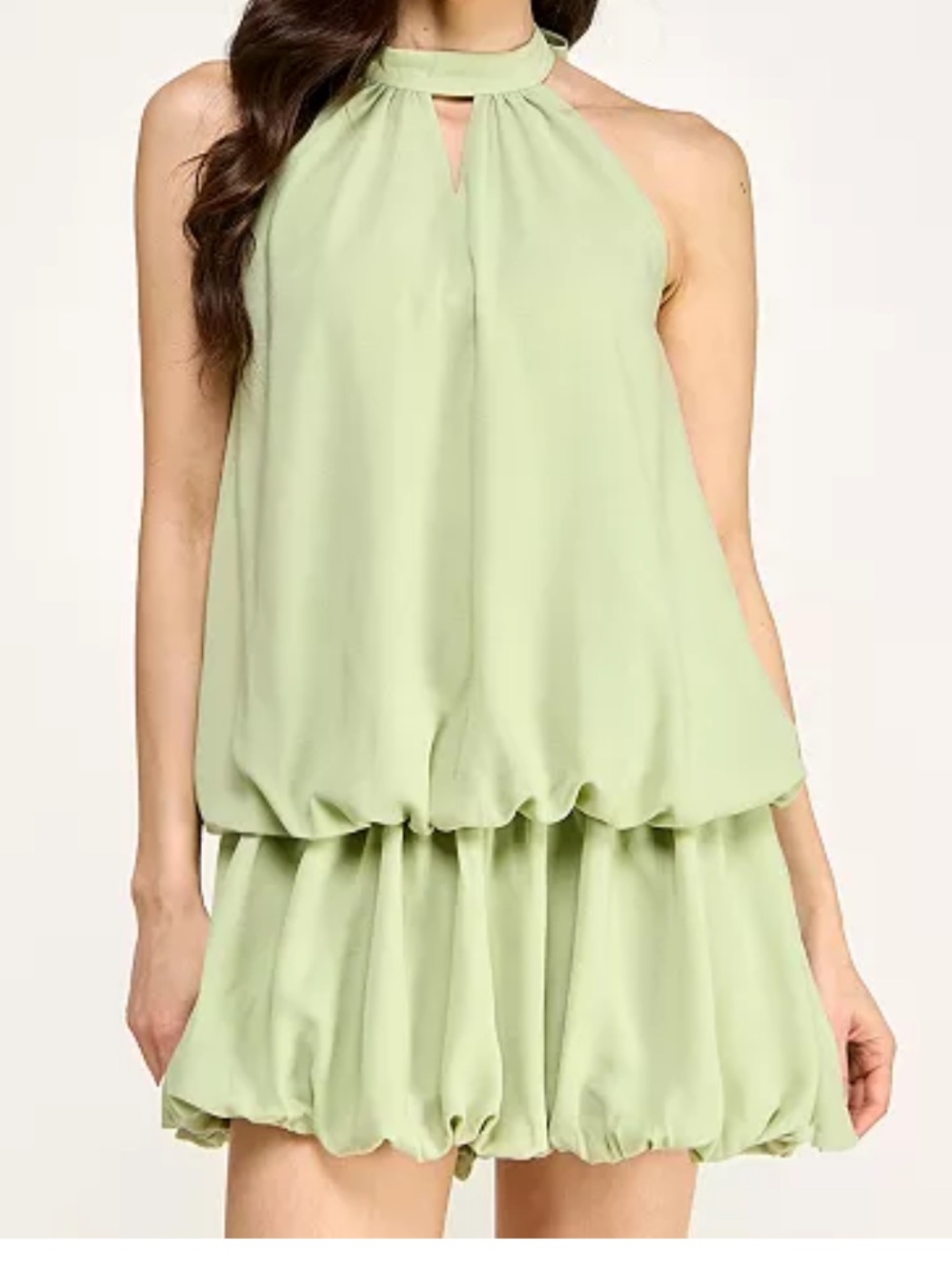 Junior’s Chiffon Halter Ruffle Mini Bubble Dress in Light Green